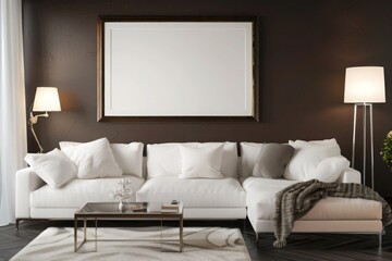 A chic living room with a dark brown accent wall, a single large empty frame above a white sofa, softly illuminated.