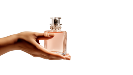Hand holding perfume jar cutout. Woman hand hold perfume bottle