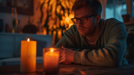 A lonely man silently looking at the candle. The light within oneself shines in the darkness.	