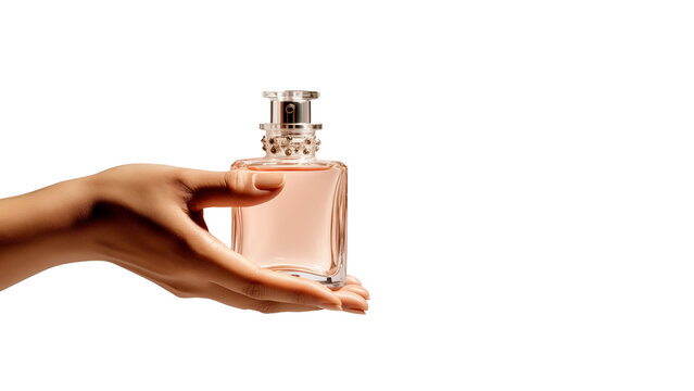 Hand holding perfume jar cutout. Woman hand hold perfume bottle