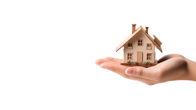 Hand holding house cutout. Woman hand hold house on transparent background