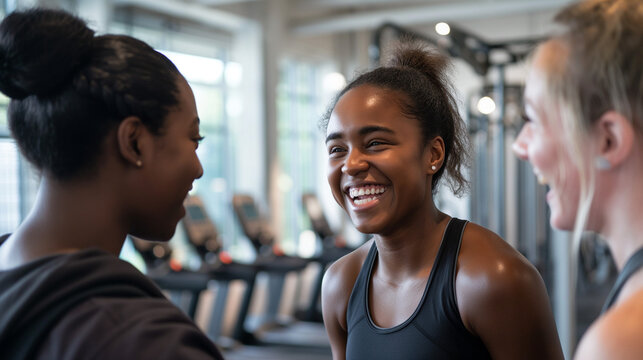 Young woman laughing with friends in the gym floor after exercise