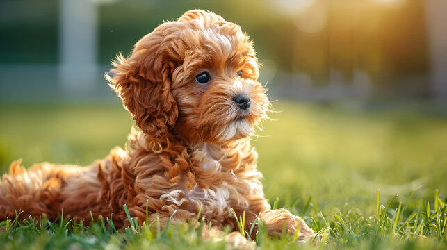 Cute fluffy maltipoo puppy in the green grass on a blurred background. Copy space. Veterinary, pet store concept.