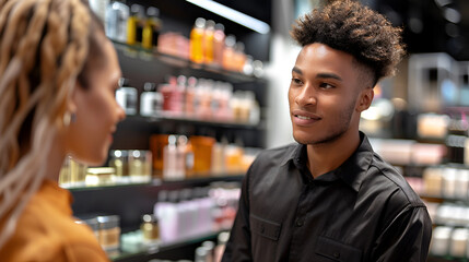 Fototapeta premium Happy African male cosmetics seller consulting customer at cosmetic store. Customer service, beauty industry, small business concept.
