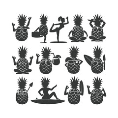  pineapple comosus fruitful isolated on white backdrop. Dark ink hand drawn picture in retro art print style. Vector pineapple fruit silhouettes isolated on white