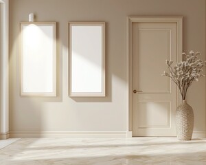 A chic entryway with a light taupe wall, displaying two empty frames side by side, each under a bright spotlight.
