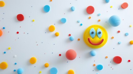 Smiling face made of colorful foam balls on white surface
