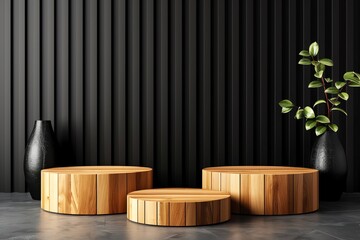 Black background with three round wooden podiums, minimalist interior design of modern show room in the style of minimalism and with wood elements