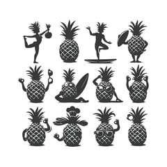  pineapple comosus fruitful isolated on white backdrop. Dark ink hand drawn picture in retro art print style. Vector pineapple fruit silhouettes isolated on white