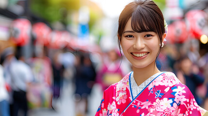 Beautiful Japanese woman in a pink traditional clothing kimono on a blurred city background. Japanese Obon festival. Japanese culture concept. Copy space.