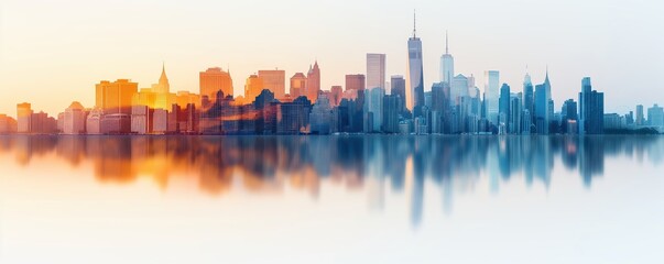 Fototapeta premium Cityscape reflections focus on, urban vibrancy, surreal, double exposure, skyline backdrop