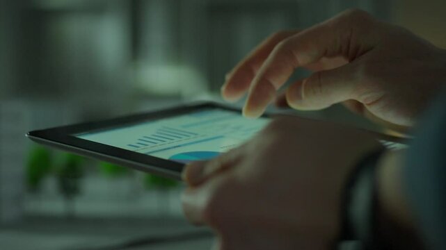Close-up of an IT worker who conducts a system audit using an electronic tablet, checking the nodes of graphs and code. Close-up of a specialist looking at the tablet screen while in the server room