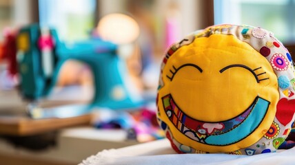 Vibrant handcrafted emoji pillow with smiling face near sewing machine