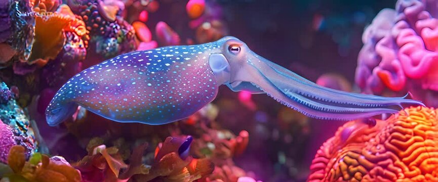 Squid is swimming near the coral reef