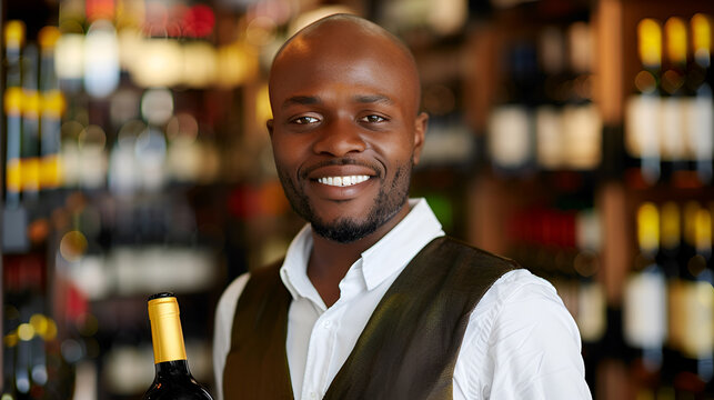 Smiling African American salesman demonstrating quality red wine glass in wine store. Customer service and small business concept.