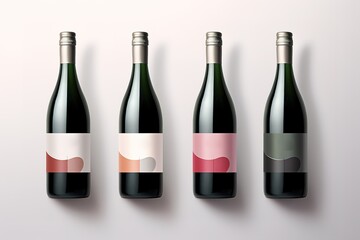 three merged pictures of burgundy shape red wine bottles with blank labels and without label, render.