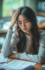 Stressed young Asian businesswoman with hand on forehead, surrounded by financial documents and papers at her desk