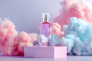 Commercial photography, perfume bottle on podium surrounded in the style of pastel smoke clouds, pink and blue color palette