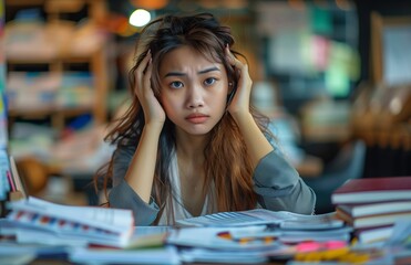 Stressed young Asian businesswoman with hand on forehead, surrounded by financial documents and papers at her desk