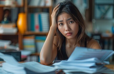 Stressed young Asian businesswoman with hand on forehead, surrounded by financial documents and papers at her desk