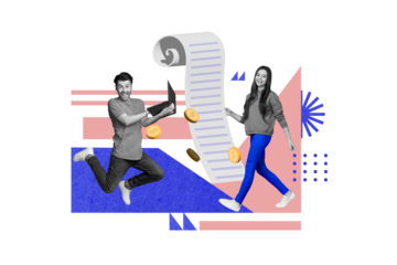 Creative collage photo sketch template of happy funny young people working on successful startup together isolated on painting background