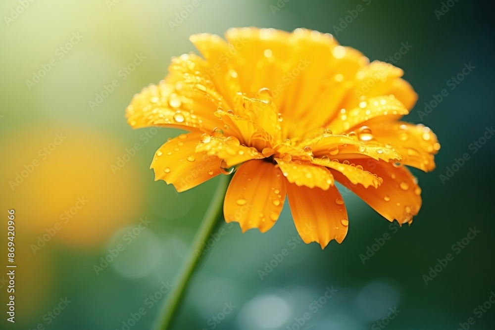 Poster Water droplet on marigold flower outdoors nature.