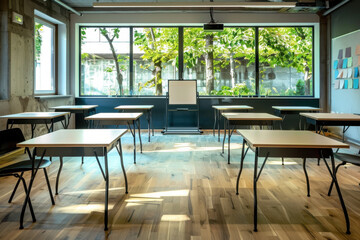 Fototapeta premium A classroom with a green board and a lot of chairs