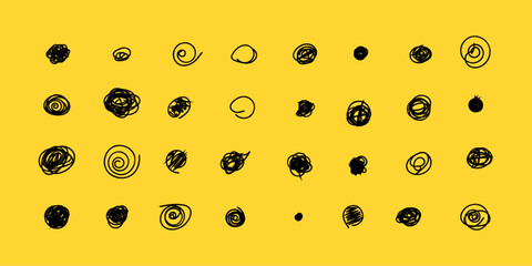 Set of hand drawn doodle circles in a grunge style. Yellow background. Scribble doodle circle and point. Collection black shapes dots and drops. Vector illustration for bullet journal.