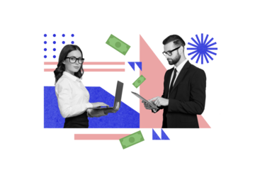 Creative collage portrait of two black white colors people use netbook tablet earn money online isolated on painted background