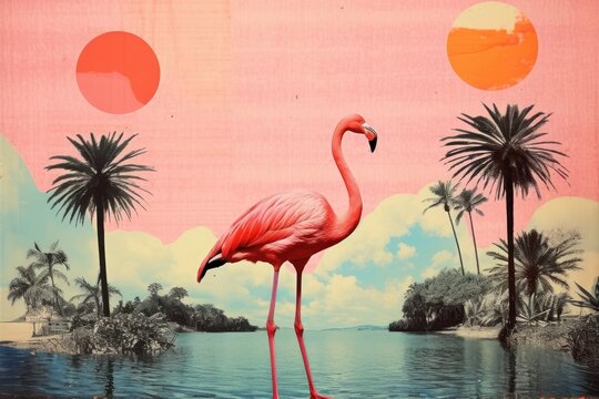 Collage Retro dreamy of Flamingo flamingo outdoors nature.