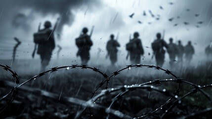 World War II, soldier walking rain to battlefield