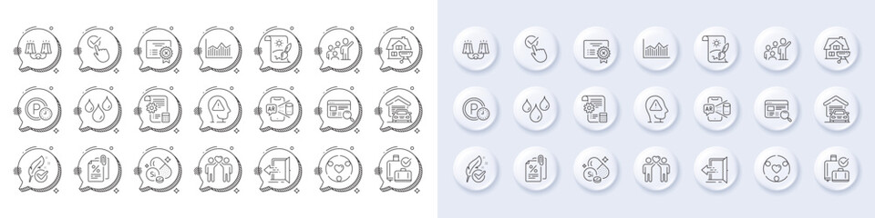 Creative painting, Mental health and Waterproof line icons. White pin 3d buttons, chat bubbles icons. Pack of Inclusion, Settings blueprint, Augmented reality icon. Vector