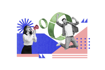 Creative collage image of two mini black white effect people communicate loudspeaker jump celebrate lottery jackpot win dollar bills