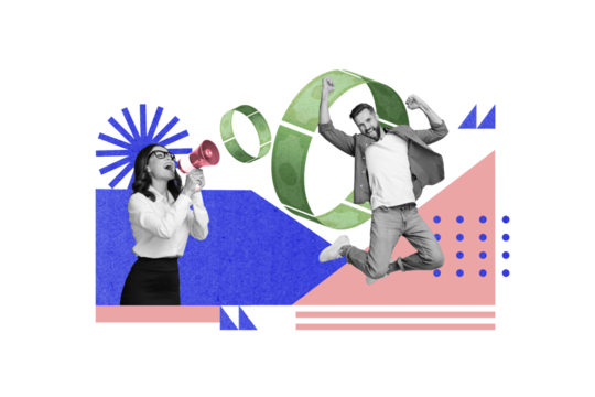 Creative collage image of two mini black white effect people communicate loudspeaker jump celebrate lottery jackpot win dollar bills