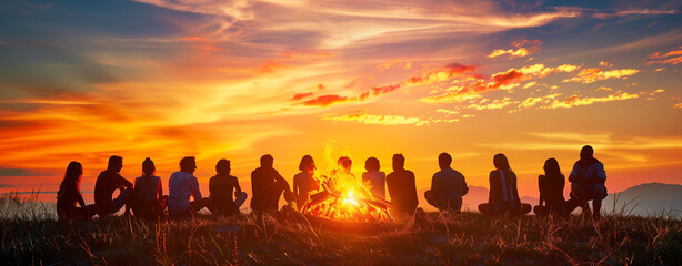 Friends of various backgrounds enjoying a beach bonfire at sunset, symbolizing unity and joy. Perfect for summer event promotions, travel ads, and community campaigns.