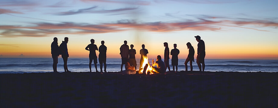 Friends of various backgrounds enjoying a beach bonfire at sunset, symbolizing unity and joy. Perfect for summer event promotions, travel ads, and community campaigns.