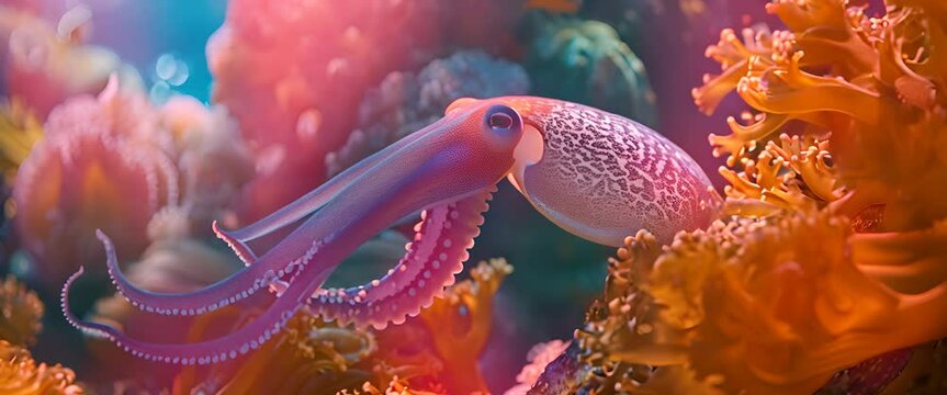 Squid is swimming near the coral reef