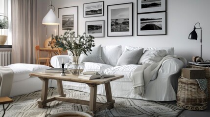 A cozy living room with a Scandinavian design, featuring a white sofa, wooden coffee table, and a wall adorned with black-and-white photographs.