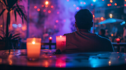 A lonely man silently looking at the candle. The light within oneself shines in the darkness.	