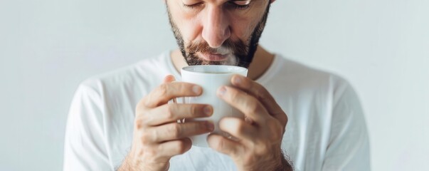 A man in a white shirt is holding a cup of coffee and smelling it.