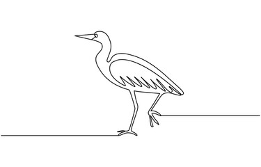 Heron, continuous line drawing, small tattoo, print for clothes and logo design, emblem or logo design, Single continuous line drawing of adorable standing heron, heron, egret flapping its wings, side
