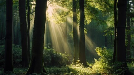 sunbeams shining through the trees in a forest