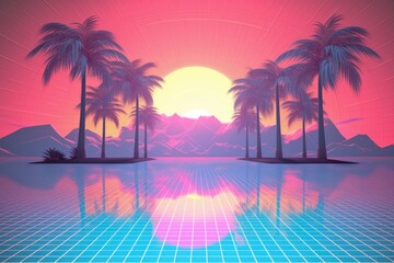 Fototapeta premium Retrowave tropical pool sunset nature plant.