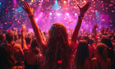Vibrant Nightclub Party with Dancing Crowd, Purple Lights, Confetti, and Shiny Outfits During Celebration