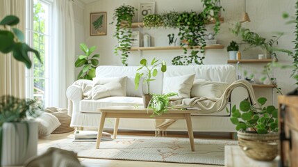 A cozy living room with a Scandinavian design, featuring a white sofa, wooden coffee table, and plenty of greenery.