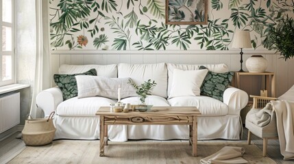 A cozy living room with a Scandinavian design, featuring a white sofa, wooden coffee table, and a wall covered in botanical prints.