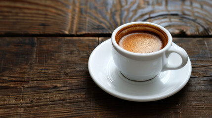 Obraz premium Freshly brewed espresso in white coffee cup on rustic wooden table