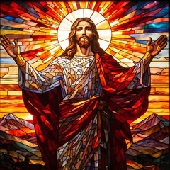 Fototapeta premium stained glass window of Jesus Christ on a mountain top, arms outstretched.