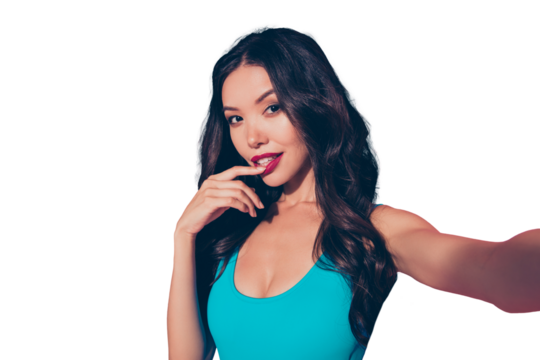 Self-portrait of nice cute cheerful coquettish tender sweet adorable attractive glamorous charming wavy-haired lady touching lips isolated over pink pastel background