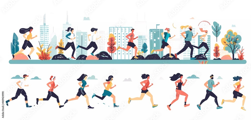 Wall mural Collection of illustrations with people running, exercising and training in city landscape on white background vector illustration